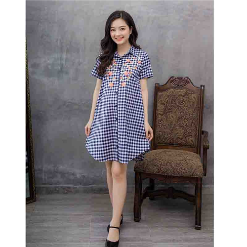 Bán Đầm bầu sơ mi caro thêu bông Emum (xanh đen)