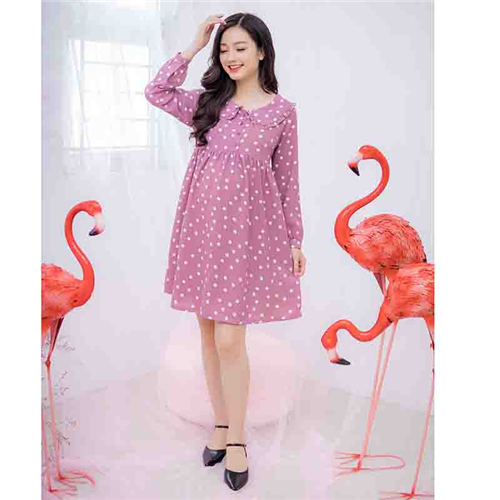 Bán Đầm bầu cổ sen chấm bi tay dài Emum (hồng đất)
