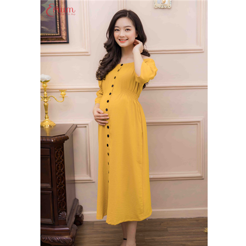 Bán Đầm bầu nẹp nút tay nhún thun vàng Emum