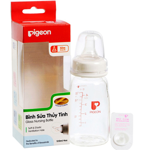 Bán Bình sữa Pigeon 120ml (thủy tinh, núm silicone, BPA free)