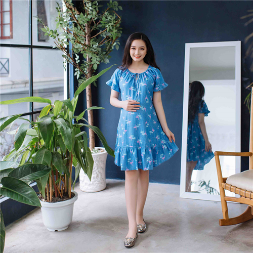 Bán Đầm bầu Jean in họa tiết cổ nút nơ phối bèo nhún xanh nhạt Emum