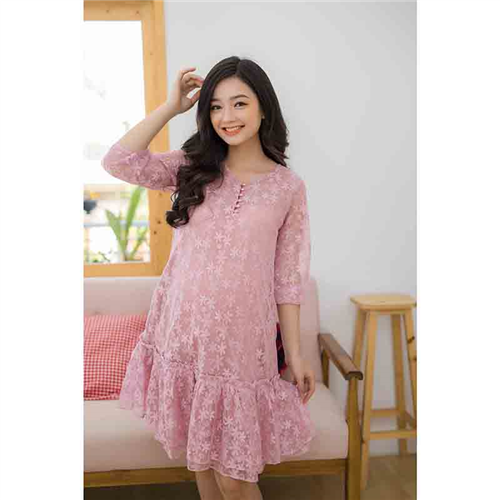 Bán Đầm bầu ren hồng phối nút ngực Emum