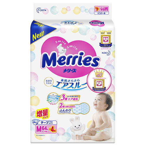 Bán Tã - Bỉm dán Merries M64 + 4 miếng (6-11kg)