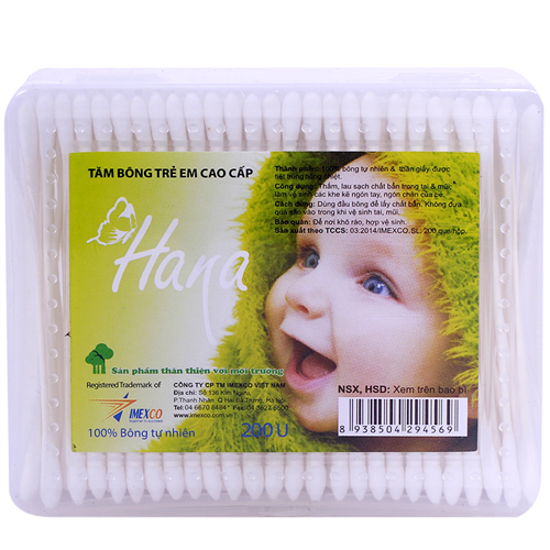 Bán Tăm bông Hana trẻ em hộp chữ nhật - 200 chiếc (lõi giấy)