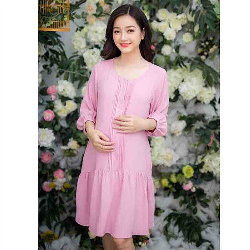 Bán Đầm bầu vải đũi cổ tròn tay dài xếp ly hồng Emum