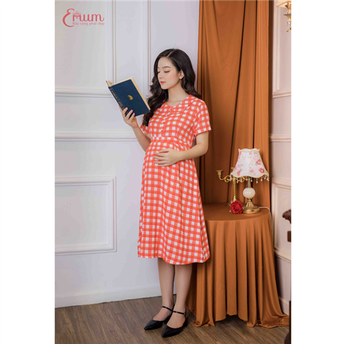 Bán Đầm bầu tay ngắn sọc ca rô đỏ Emum