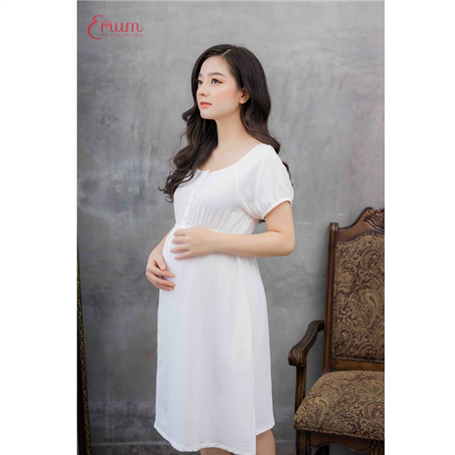 Bán Đầm bầu tay ngắn nhún thun trắng Emum
