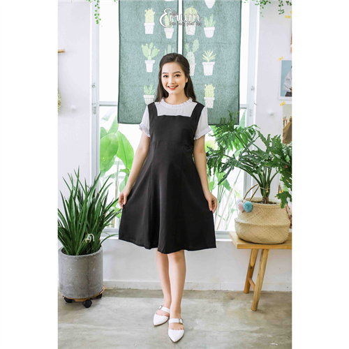 Bán Đầm bầu cổ và tay nhúng bèo trắng đen Emum