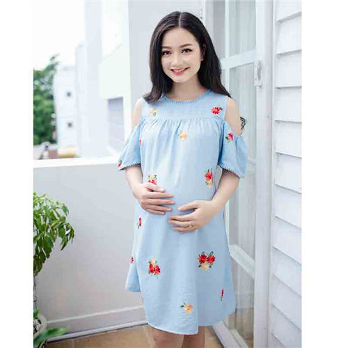 Bán Đầm bầu thêu hoa khoét vai viền ren Emum