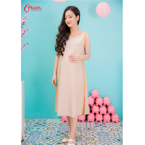 Bán Đầm bầu suông sát nách phối viền xẻ tà kem Emum