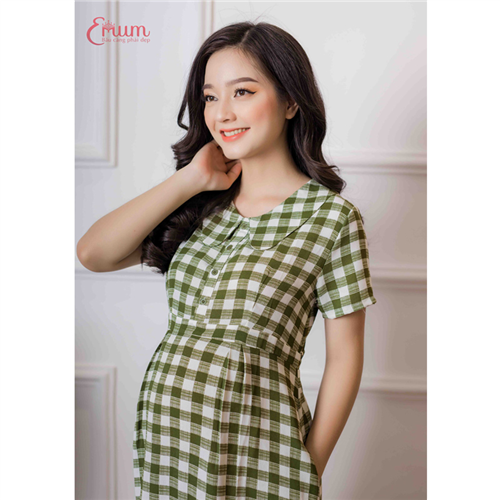 Bán Đầm bầu tay ngắn sọc ca rô xanh rêu Emum