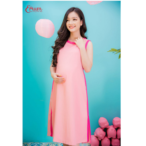 Bán Đầm bầu suông sát nách phối viền xẻ tà hồng Emum