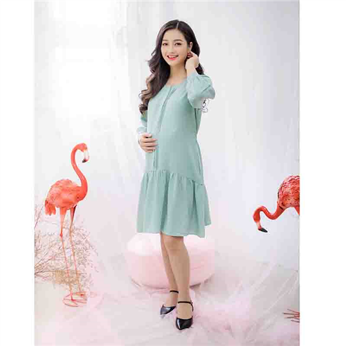 Bán Đầm bầu vải đũi cổ tròn tay dài xếp ly xanh Emum
