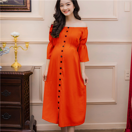 Bán Đầm bầu nẹp nút tay nhún thun Emum (cam đất)