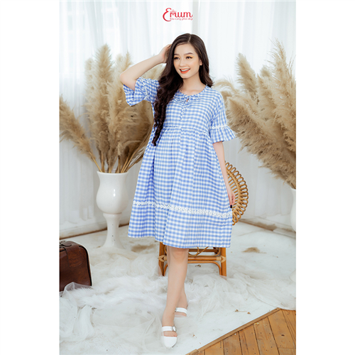 Bán Đầm bầu caro xanh biển Emum