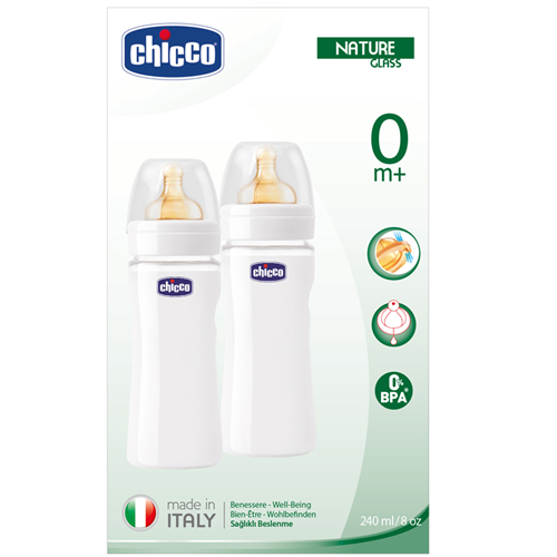 Bán Bộ 2 bình thủy tinh tự nhiên núm cao su 240ml Chicco