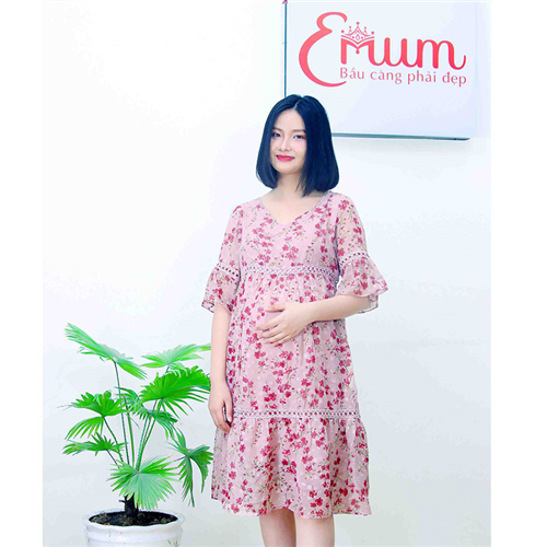 Bán Đầm bầu von cổ tim phối ren hồng ruốc Emum