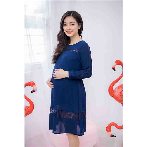 Bán Đầm bầu vải tằm tay dài phối ren xanh Emum