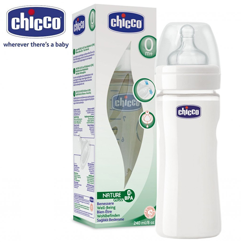 Bán Bình sữa Chicco 240ml (thủy tinh, núm silicone, 0M+)