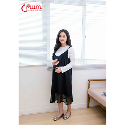 Bán Đầm bầu 2 dây lưới phối áo lót trắng Emum