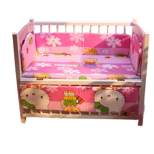 Bán Cũi sơn gỗ Quế 80*120 màu hồng bao gồm (Quây, ga, nệm, ga chống thấm)