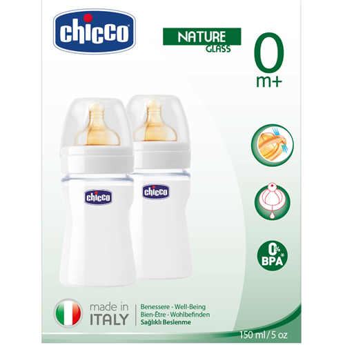 Bán Bộ 2 bình sữa Chicco 150ml (thủy tinh tự nhiên, núm cao su)
