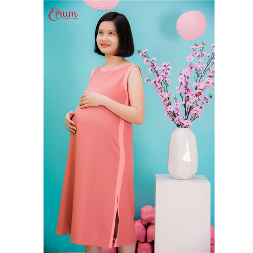 Bán Đầm bầu suông sát nách phối viền xẻ tà hồng ruốc Emum