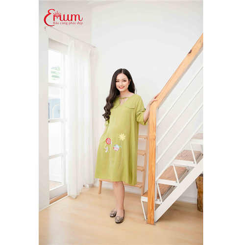 Bán Đầm bầu thêu chân bông cổ thắt nơ phối tay ren Emum
