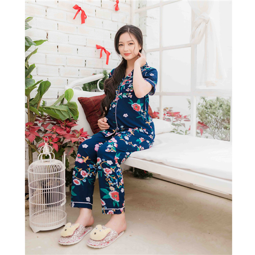 Bán Bộ bầu pyjama lụa tay ngắn quần dài xanh đen Emum
