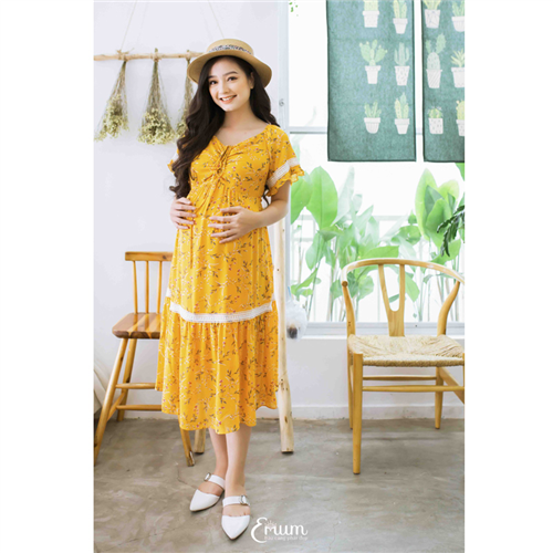 Bán Đầm bầu phối ren nhún ngực vàng Emum