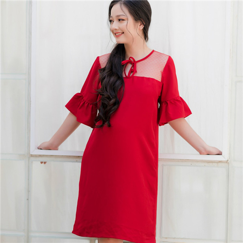 Bán Đầm bầu suông phối ren tay bèo cổ nơ đỏ Emum