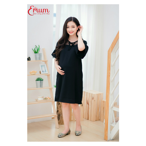 Bán Đầm bầu suông phối ren tay bèo cổ nơ hồng Emum