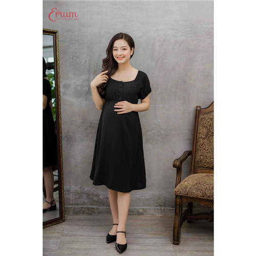 Bán Đầm bầu tay ngắn nhún thun đen Emum