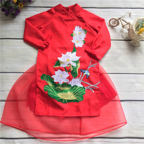 Bán Bộ áo dài bé gái thêu hoa sen (2-7T)