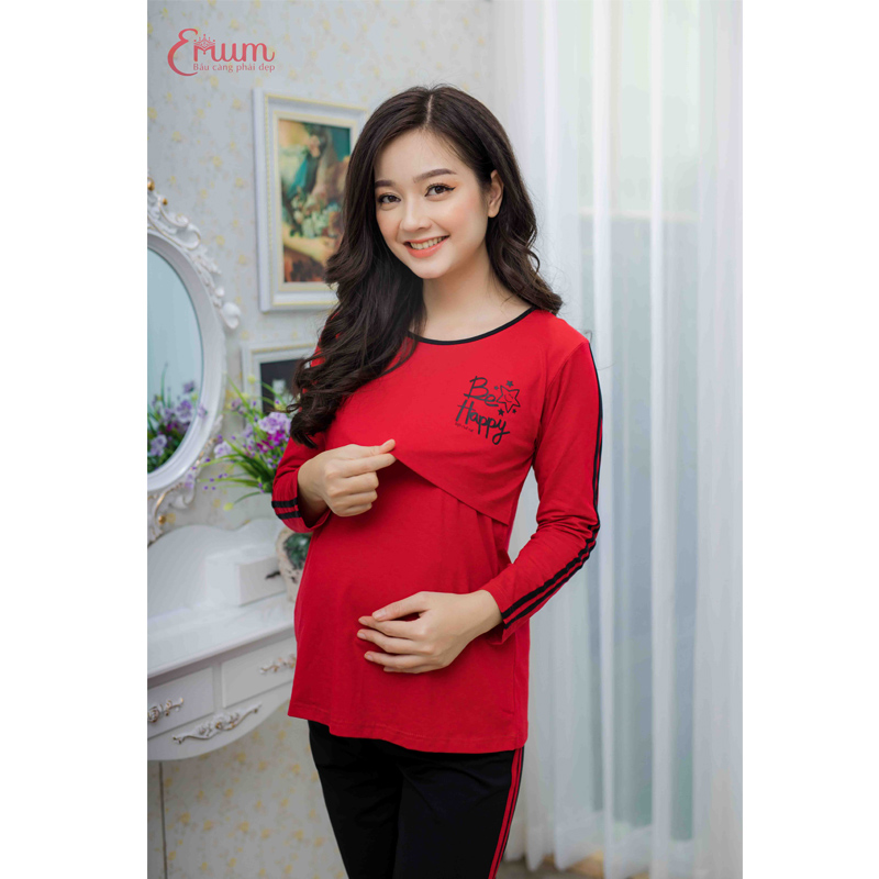 Bộ bầu cho bé ti tay dài in happy đỏ Emum