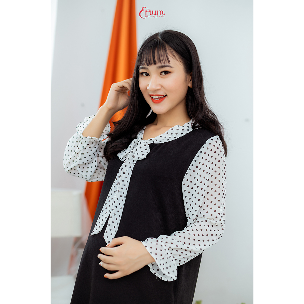 Đầm bầu tay dài phối bi đen Emum