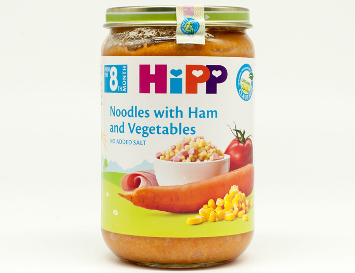 Dinh dưỡng đóng lọ HiPP thịt giăm bông, mì ống, rau củ (220g)