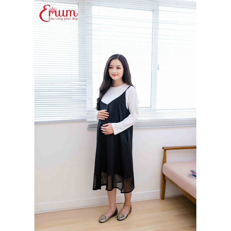 Đầm bầu 2 dây lưới phối áo lót trắng Emum