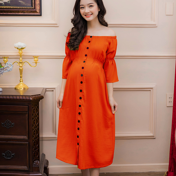 Đầm bầu nẹp nút tay nhún thun Emum (cam đất)