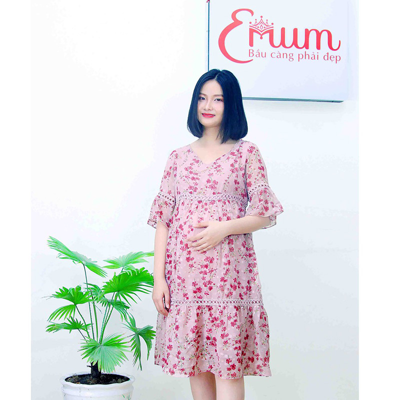 Đầm bầu von cổ tim phối ren hồng ruốc Emum