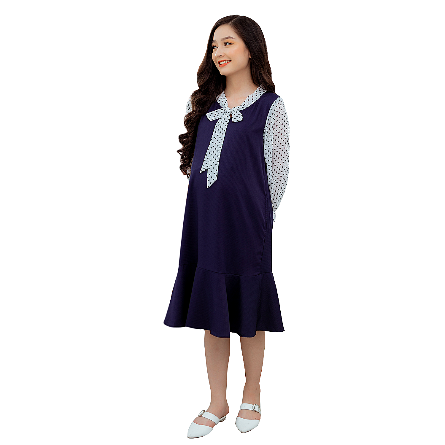 Đầm bầu tay dài phối bi xanh đen Emum