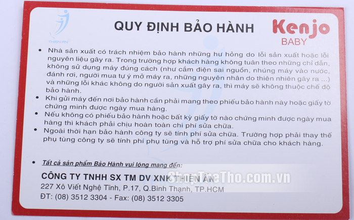 Phiếu bảo hành máy tiệt trùng bình sữa siêu tốc Kenjo KJ-01X