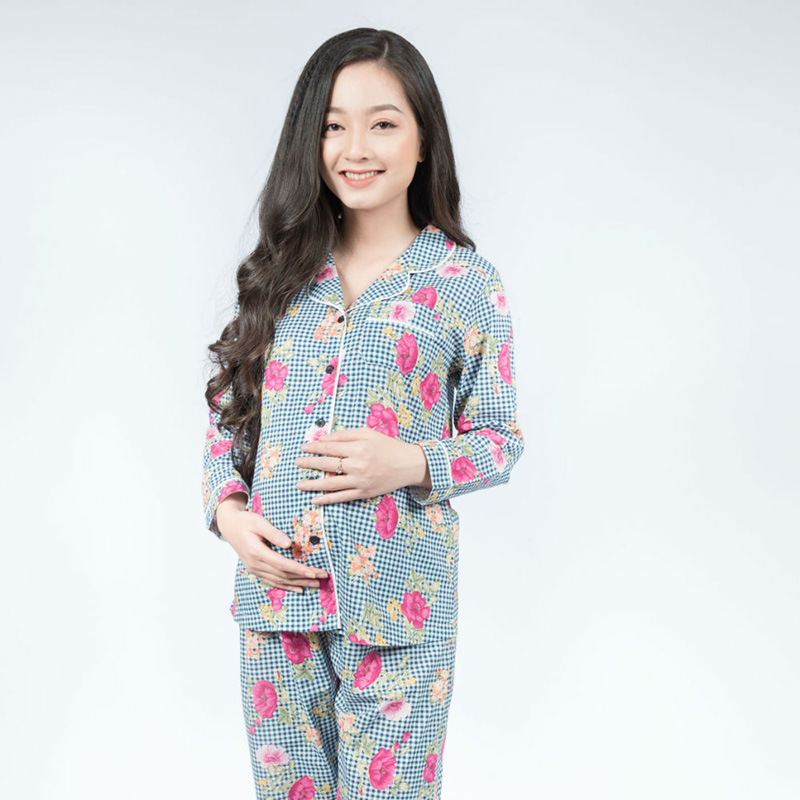 Bộ bầu pyjama kate tay dài quần dài caro Emum