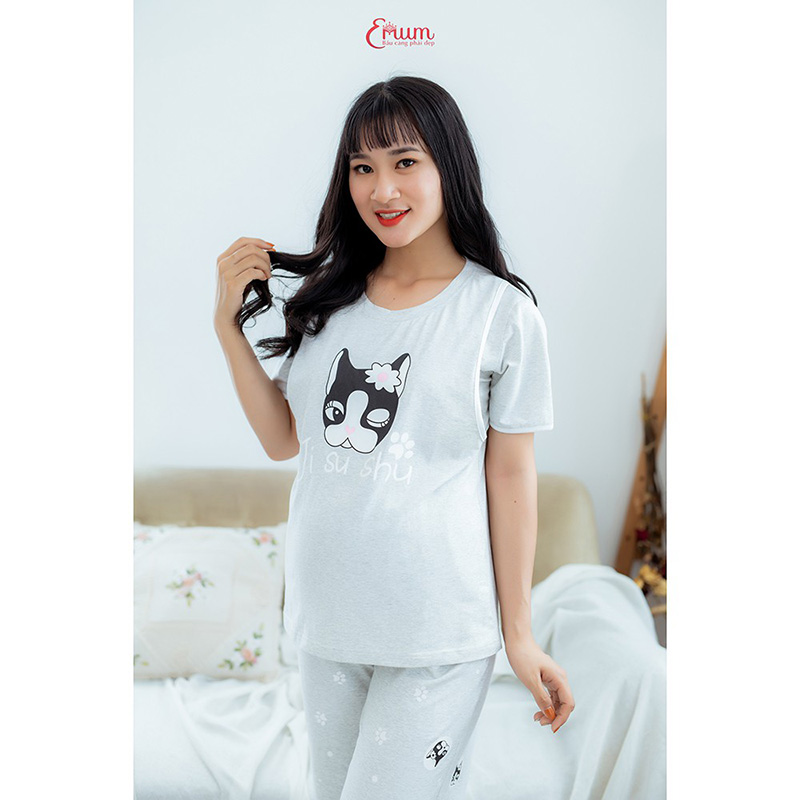 Bộ bầu mặc nhà in mèo xám Emum