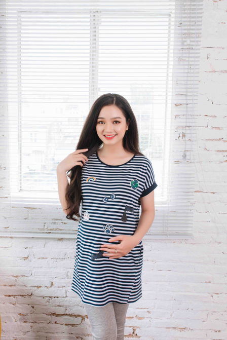 Áo bầu sọc xanh đen in lụa Emum
