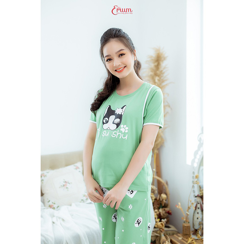 Bộ bầu mặc nhà in mèo xanh Emum