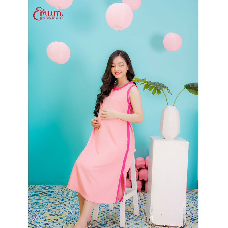 Đầm bầu suông sát nách phối viền xẻ tà hồng Emum