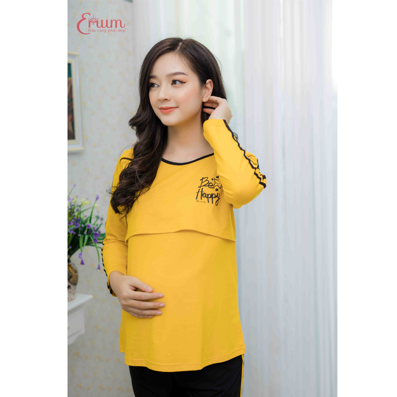 Bộ bầu cho bé ti tay dài in happy vàng Emum