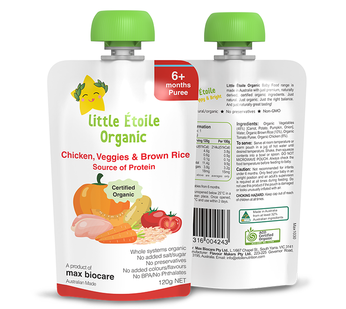 thực phẩm dinh dưỡng hữu cơ Little Étoile gạo lứt, gà và rau củ