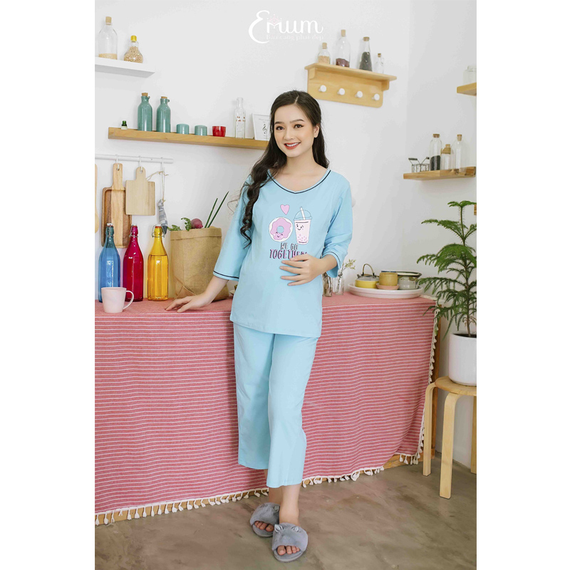 Bộ bầu cổ tim in ly xanh Emum